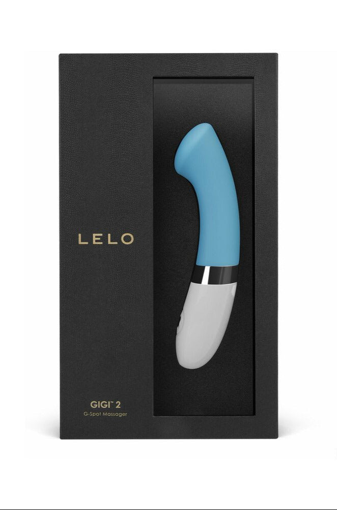 LELO GIGI 2 Rechargeable G Spot Vibrator Turquoise Blue in elegant packaging.
