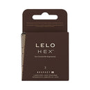 LELO HEX Respect XL Lubricated Latex Condoms 3 Pack packaging featuring hexagon design and branding.