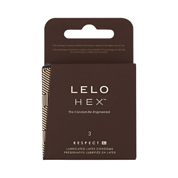 LELO HEX Respect XL Lubricated Latex Condoms 3 Pack packaging featuring hexagon design and branding.
