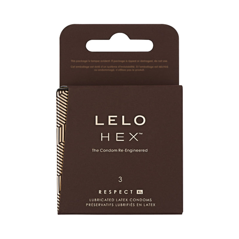 LELO HEX Respect XL Lubricated Latex Condoms 3 Pack packaging featuring hexagon design and branding.