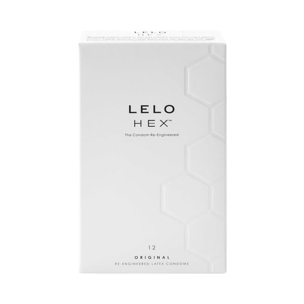 LELO HEX Original Lubricated Latex Condoms 12 Pack box featuring unique hexagonal design for enhanced protection.