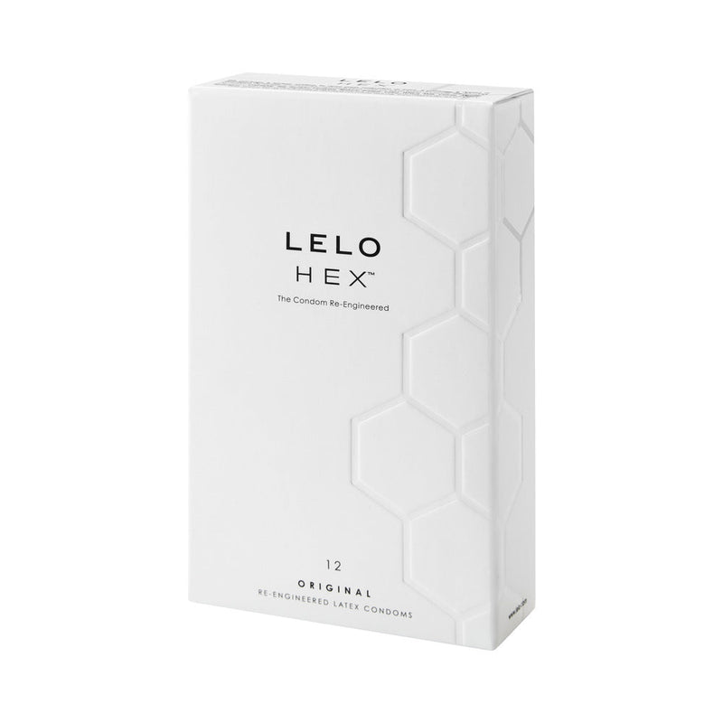 LELO HEX Original Lubricated Latex Condoms 12 Pack in sleek packaging with hexagonal design.