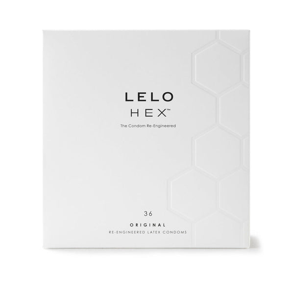 LELO HEX Original Lubricated Latex Condoms 36 Pack packaging showcasing hexagonal design and branding.