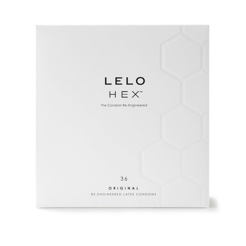 LELO HEX Original Lubricated Latex Condoms 36 Pack packaging showcasing hexagonal design and branding.
