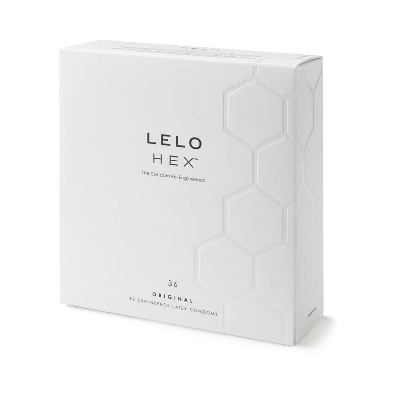 LELO HEX Original Lubricated Latex Condoms 36 Pack packaging showcasing innovative hexagonal design.