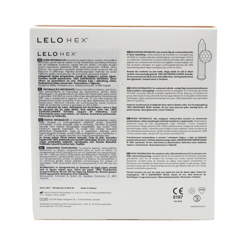 LELO HEX Original Lubricated Latex Condoms 36 Pack packaging details and instructions.