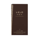 LELO HEX Respect XL Lubricated Latex Condoms 12 Pack packaging with stylish design and bold branding.