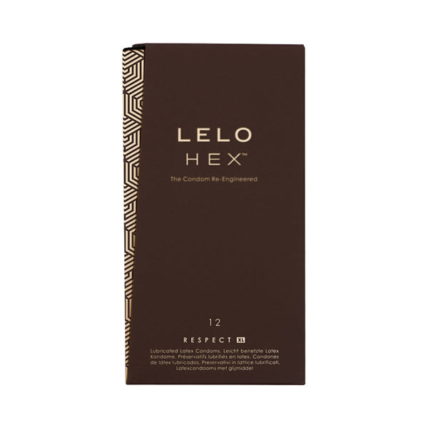 LELO HEX Respect XL Lubricated Latex Condoms 12 Pack packaging with stylish design and bold branding.