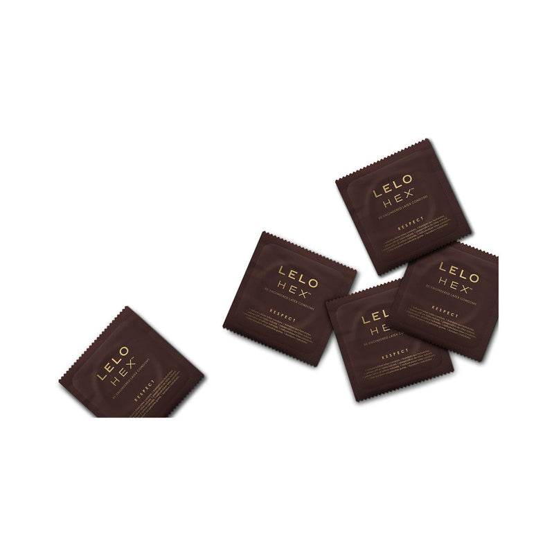 LELO HEX Respect XL Lubricated Latex Condoms 12 Pack with individual condom wrappers displayed.