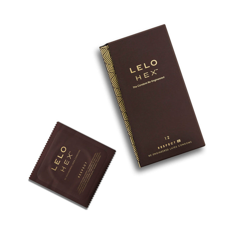 LELO HEX Respect XL Lubricated Latex Condoms 12 Pack with individual condom packet and box.