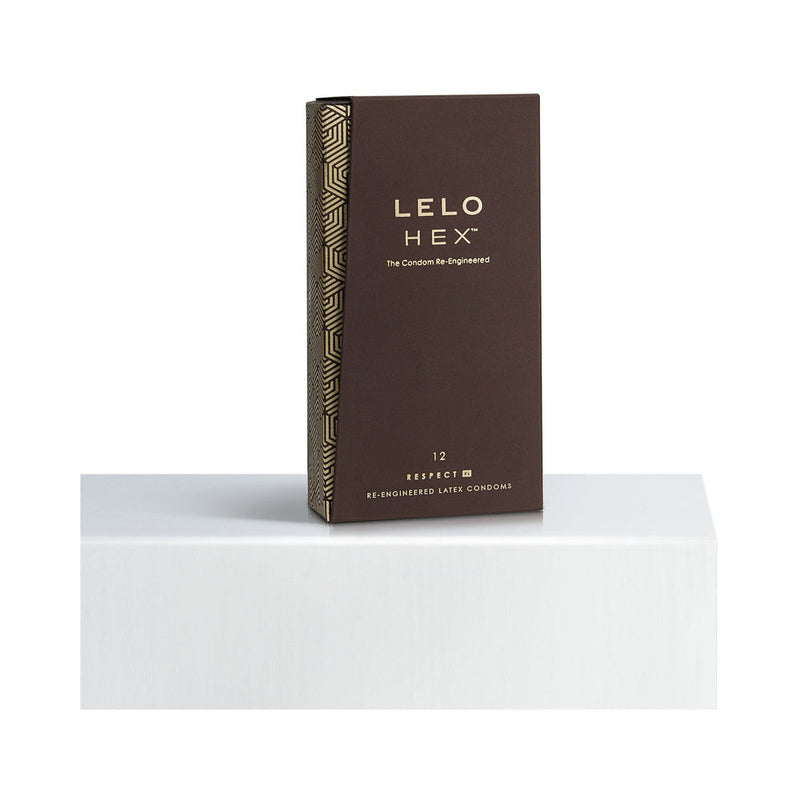 LELO HEX Respect XL Lubricated Latex Condoms 12 Pack packaging displayed on a white surface.