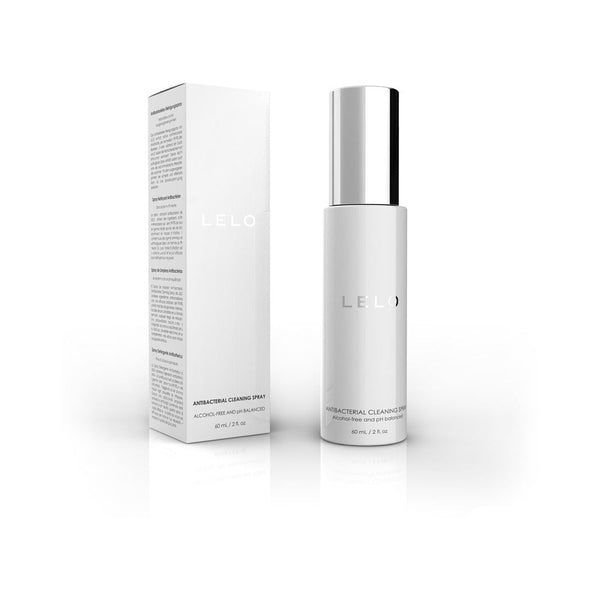LELO Antibacterial Toy Cleaning Spray 2 Oz in a sleek bottle with packaging, alcohol and paraben free.