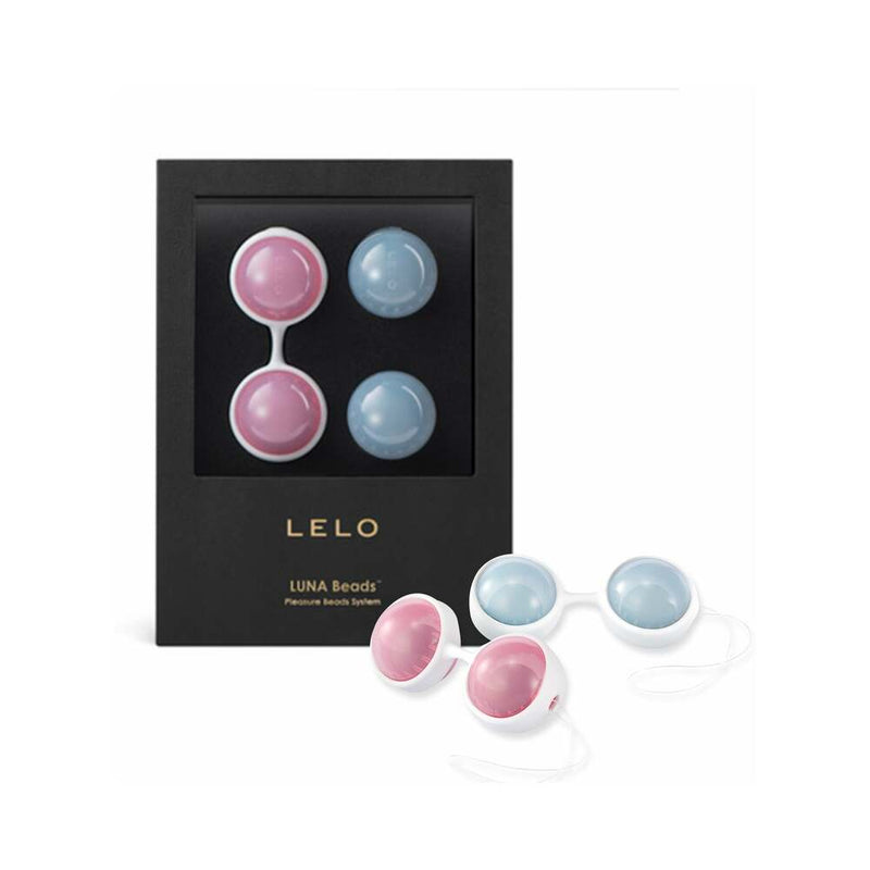 LELO BEADS Kegel Balls Set Blue Pink packaging and beads, designed for enhancing sensual wellness and pleasure.