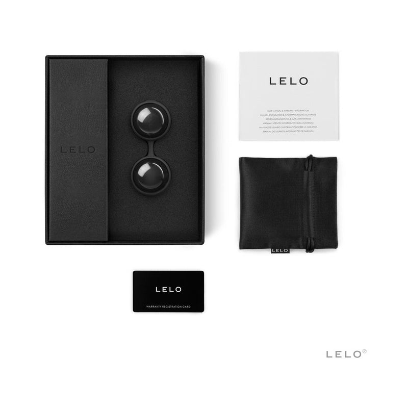 LELO BEADS Noir Kegel Balls Set Black packaging, includes black kegel balls, instruction card, and storage pouch.