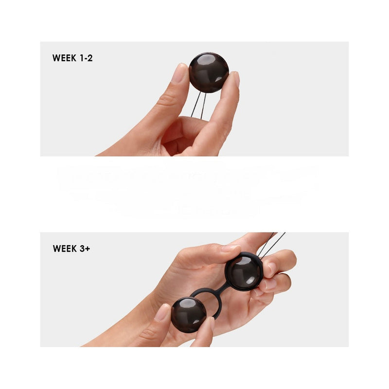 LELO BEADS Noir Kegel Balls Set Black usage instructions for weeks 1-2 and 3+, emphasizing gradual strength training.
