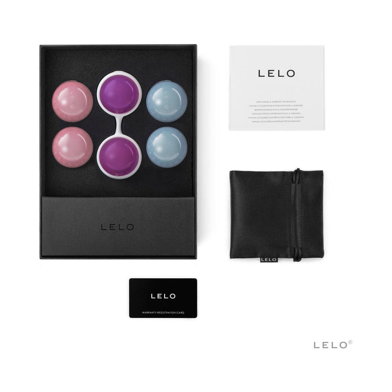 LELO BEADS Plus Kegel Balls Set Blue Pink Purple in a premium packaging with accessories and informational card.