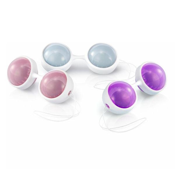 LELO BEADS Plus Kegel Balls Set Blue Pink Purple with six interchangeable weighted beads for pelvic floor training.