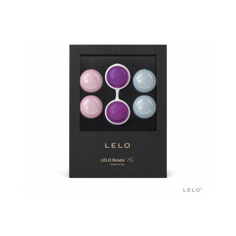 LELO BEADS Plus Kegel Balls Set Blue Pink Purple in a luxury packaging, featuring weighted interchangeable beads.