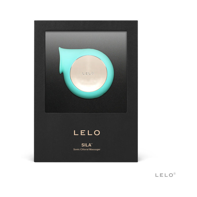 LELO SILA Rechargeable Sonic Clitoral Stimulator Aqua in elegant packaging, showcasing its unique design and function.