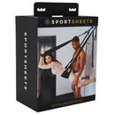 Sportsheets Door Jam Sex Sling Black packaging showcasing adjustable positioning for intimate experiences.