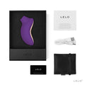 LELO SONA 2 Cruise Rechargeable Clitoral Stimulator Purple in elegant packaging with accessories and charger.