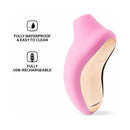 LELO SONA Rechargeable Clitoral Stimulator Pink showing features of waterproof design and USB-rechargeable functionality.