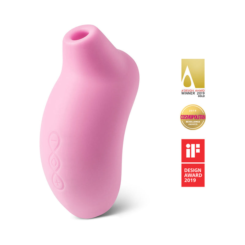 LELO SONA Rechargeable Clitoral Stimulator Pink with award badges for design excellence.