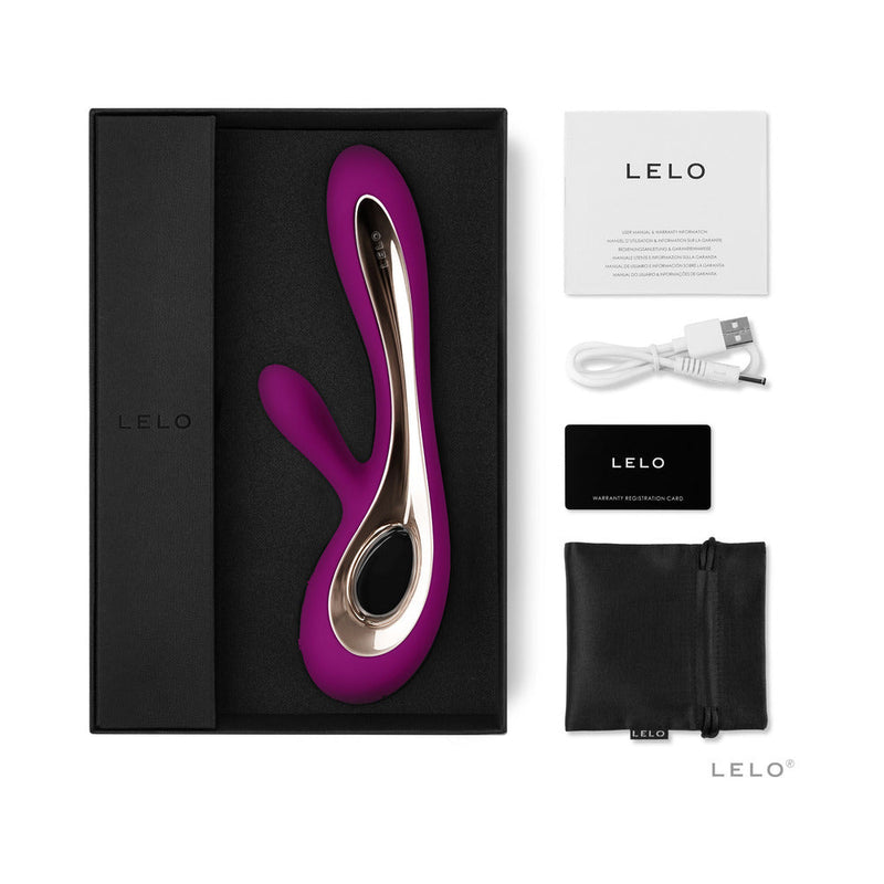 LELO SORAYA 2 Rechargeable Rabbit Vibrator Deep Rose in elegant packaging with accessories, USB, and manual.