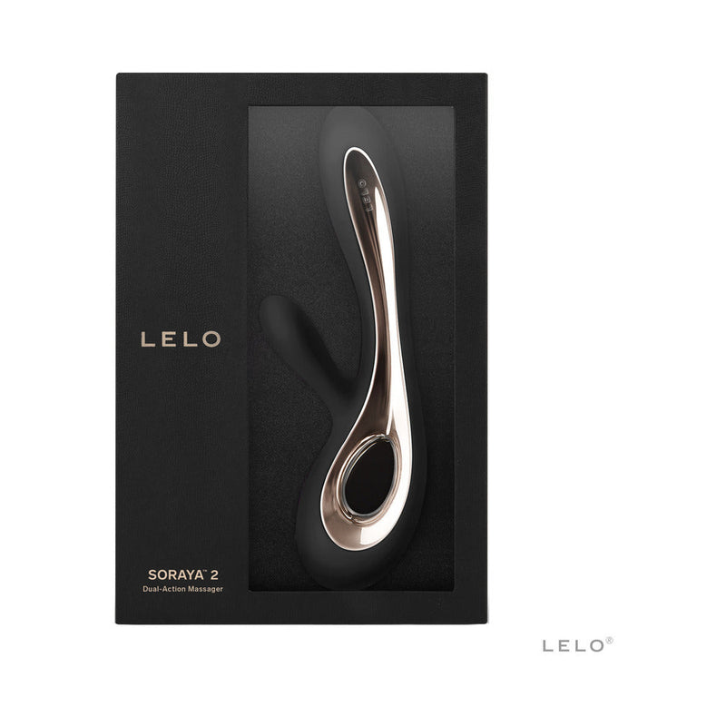 LELO SORAYA 2 Rechargeable Rabbit Vibrator Black in its elegant packaging, showcasing luxury and sophistication.