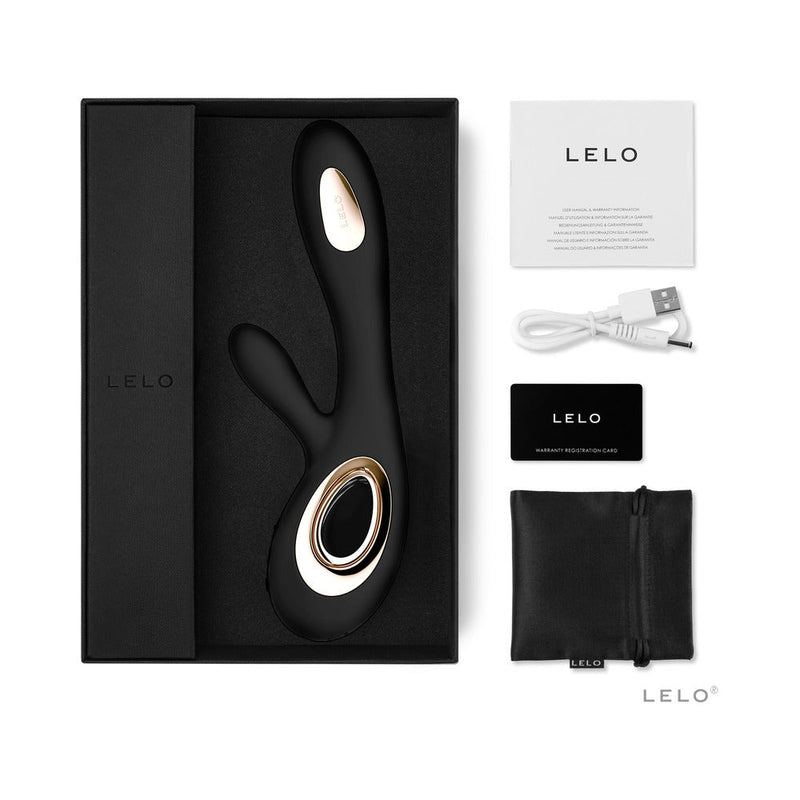 LELO SORAYA WAVE Rechargeable Rabbit Vibrator Black in elegant packaging with accessories.