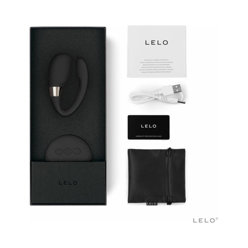 LELO TIANI 3 Dual Stimulation Couples Vibrator with Remote Black in box with accessories and charging cable.