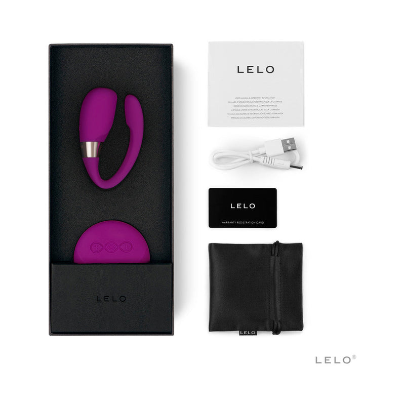 LELO TIANI 3 Dual Stimulation Couples Vibrator With Remote Deep Rose in a packaging box, featuring accessories and instructions.