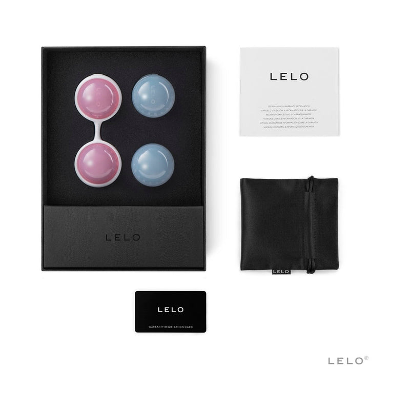 LELO BEADS Mini Kegel Balls Set Blue Pink with two balls in a box, including a storage pouch and informational card.
