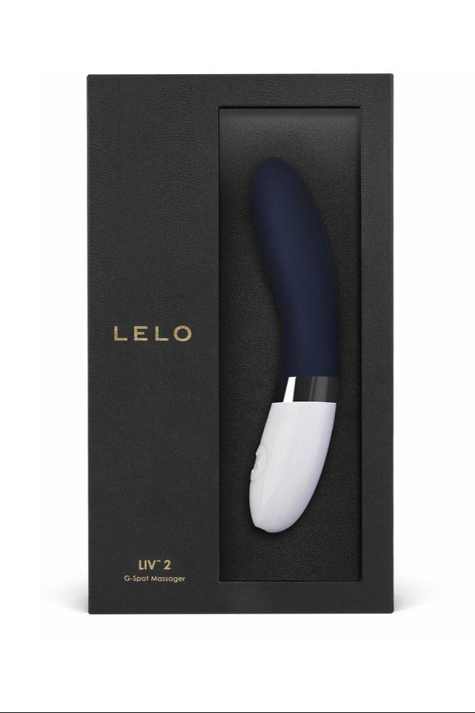 LELO LIV 2 Rechargeable G Spot Vibrator Blue in elegant packaging, showcasing its sleek design and luxurious features.
