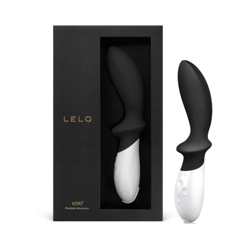 LELO LOKI Rechargeable Prostate Vibrator Obsidian Black in premium packaging displayed on white background.