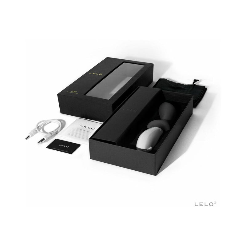 LELO LOKI Rechargeable Prostate Vibrator Obsidian Black packaging and accessories displayed in a black box.