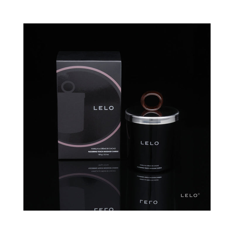 LELO Massage Candle Black Pepper Pomegranate Scent with sleek packaging on black background.