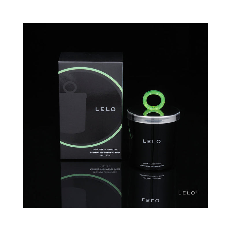 LELO Massage Candle Snow Pear and Cedarwood Scent in elegant black packaging with a silver lid.