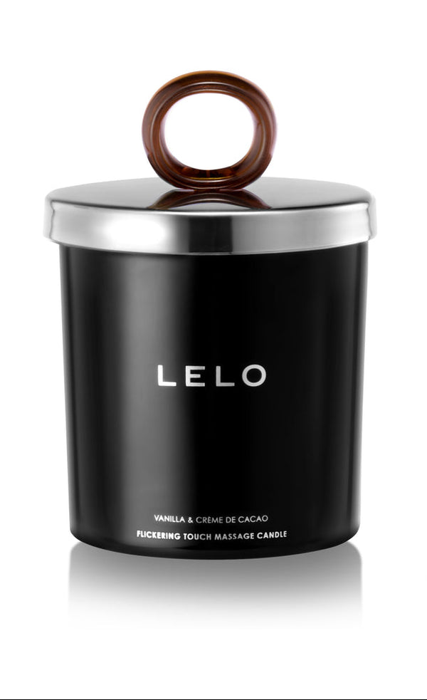 LELO Massage Candle Vanilla and Creme De Cacao Scent in elegant black container with a unique handle.