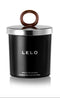 LELO Massage Candle Vanilla and Creme De Cacao Scent in elegant black container with a unique handle.