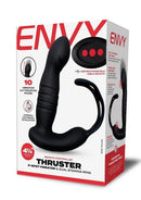Envy Toys Thruster P-Spot Vibrator with Stamina Ring Black packaging featuring thrusting vibrator and remote.