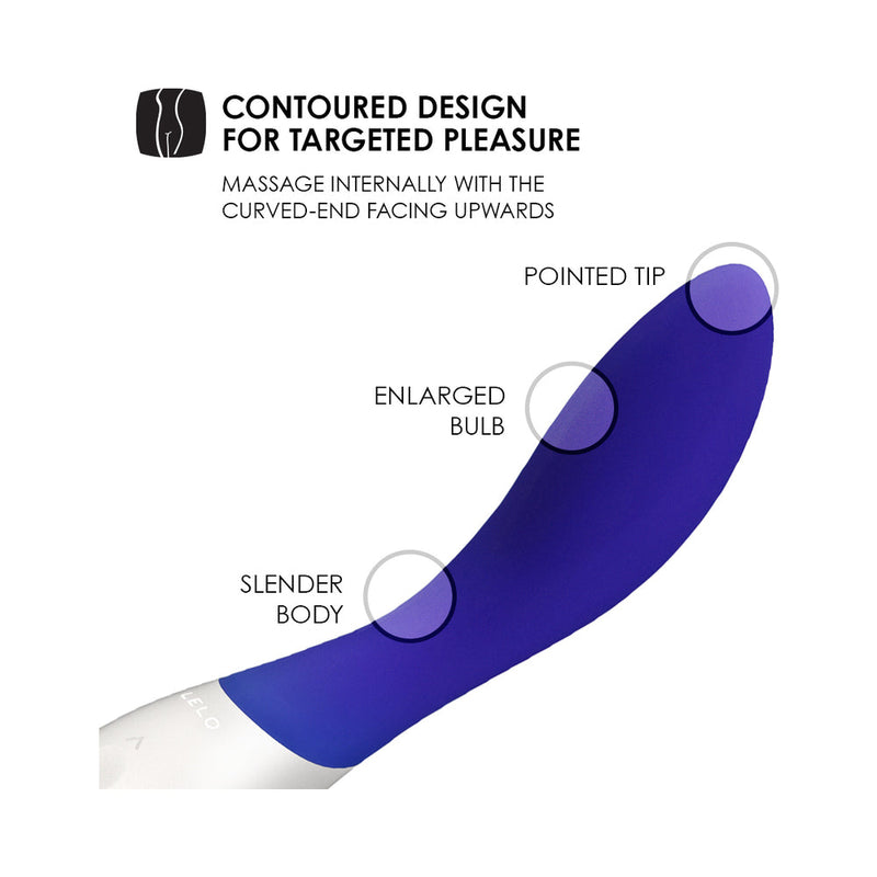 LELO MONA Wave Rechargeable G Spot Vibrator Midnight Blue contoured design highlights and features.