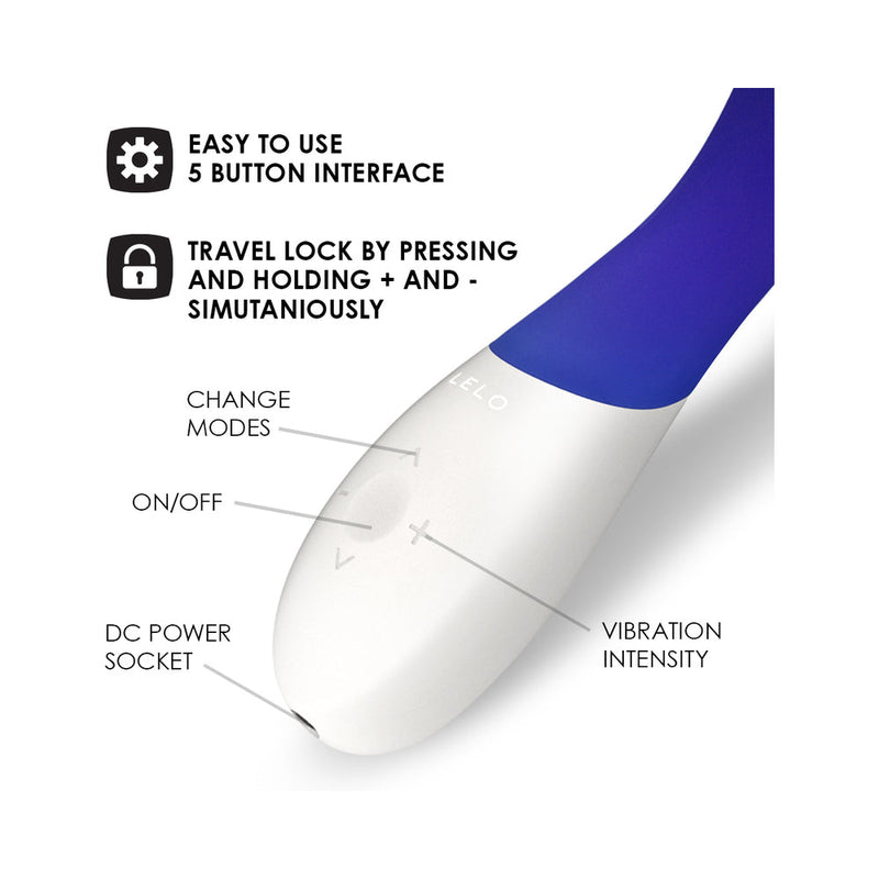 LELO MONA Wave Rechargeable G Spot Vibrator Midnight Blue user interface features and controls.