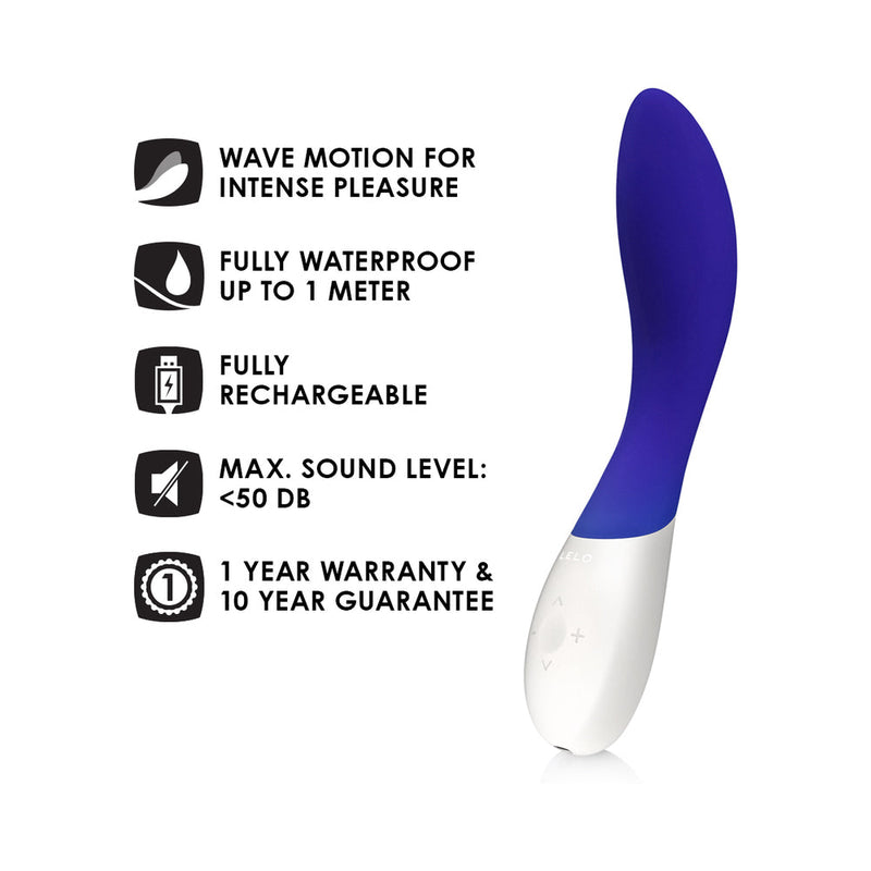 LELO MONA Wave Rechargeable G Spot Vibrator Midnight Blue features Wave Motion, waterproofing, rechargeable battery, low sound level.