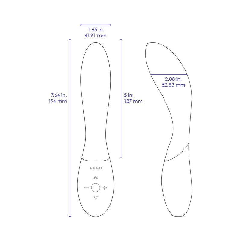 LELO MONA Wave Rechargeable G Spot Vibrator Midnight Blue dimensions illustration with measurements in inches and millimeters.