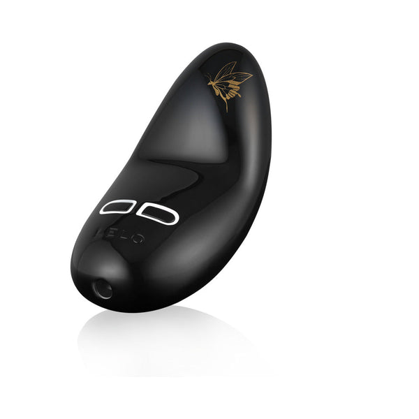 LELO NEA 2 Rechargeable Mini Vibrator Obsidian Black in sleek design with floral motif
