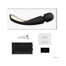 LELO SMART WAND 2 Large Rechargeable Wand Vibrator Black with charging cable, storage pouch, and user manual.