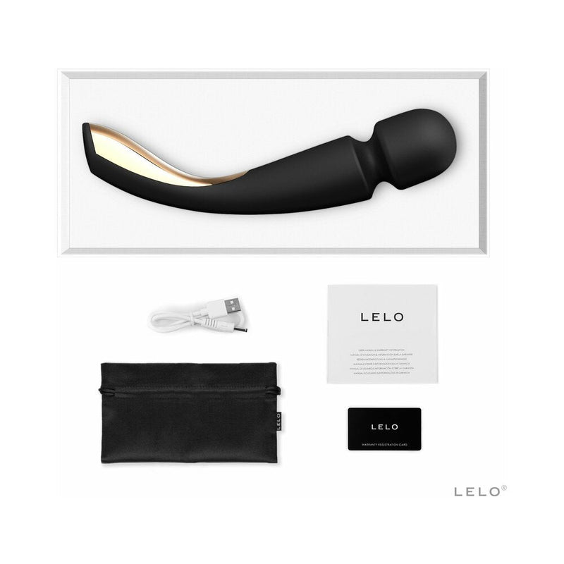 LELO SMART WAND 2 Large Rechargeable Wand Vibrator Black with charging cable, storage pouch, and user manual.