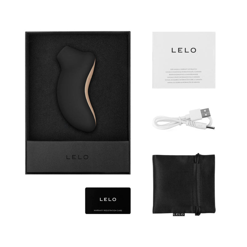 LELO SONA CRUISE Rechargeable Clitoral Stimulator Black in packaging with accessories and instruction card.