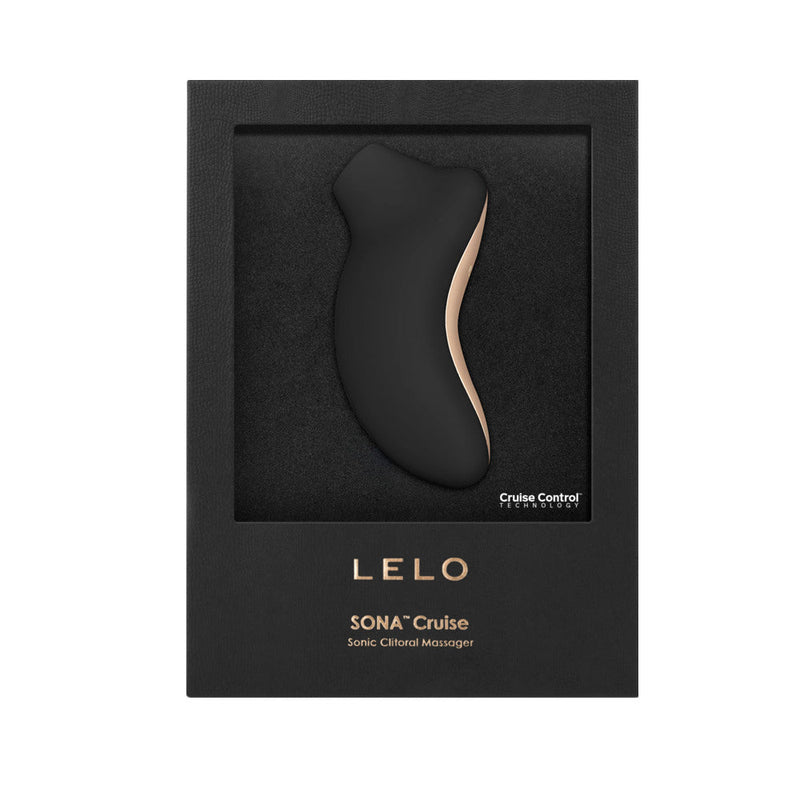 LELO SONA CRUISE Rechargeable Clitoral Stimulator Black in elegant packaging with gold accents.